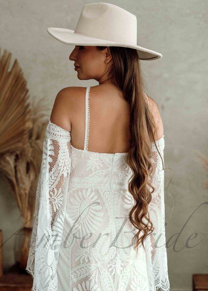 Boho Sheath Lace Wedding Dress with High Neck and Spaghetti Straps