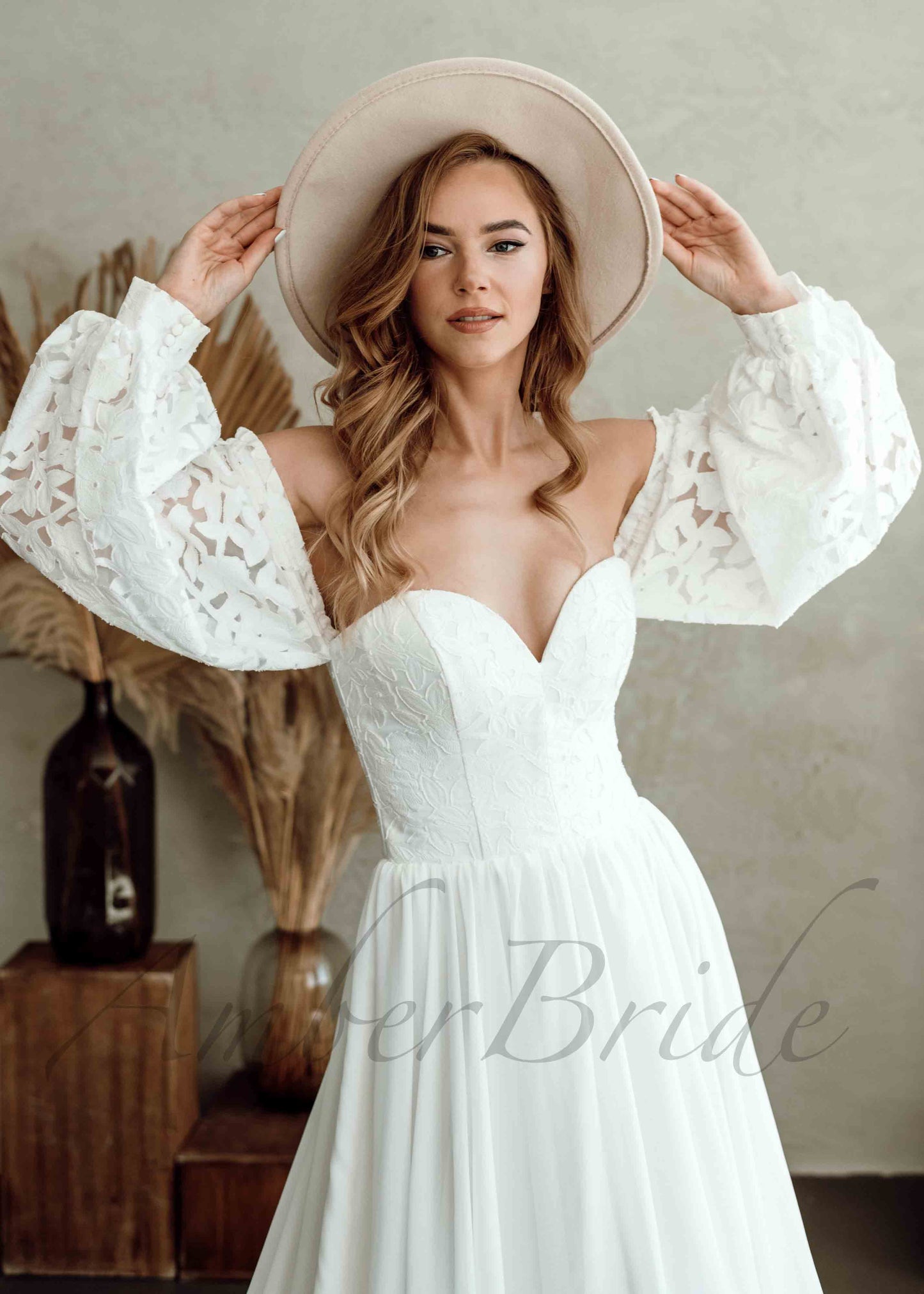 Rustic Chiffon Wedding Dress with Long Puffy Sleeves and Strapless Sweetheart Neck