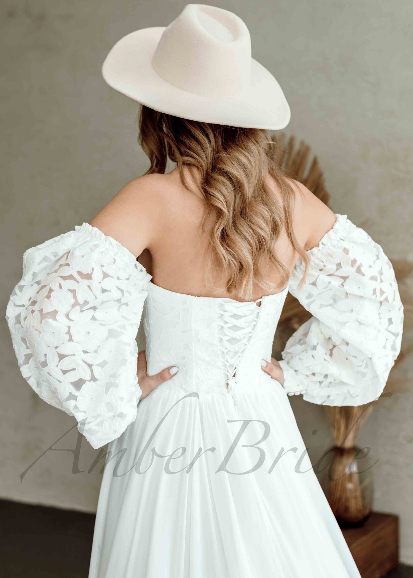 Rustic Chiffon Wedding Dress with Long Puffy Sleeves and Strapless Sweetheart Neck