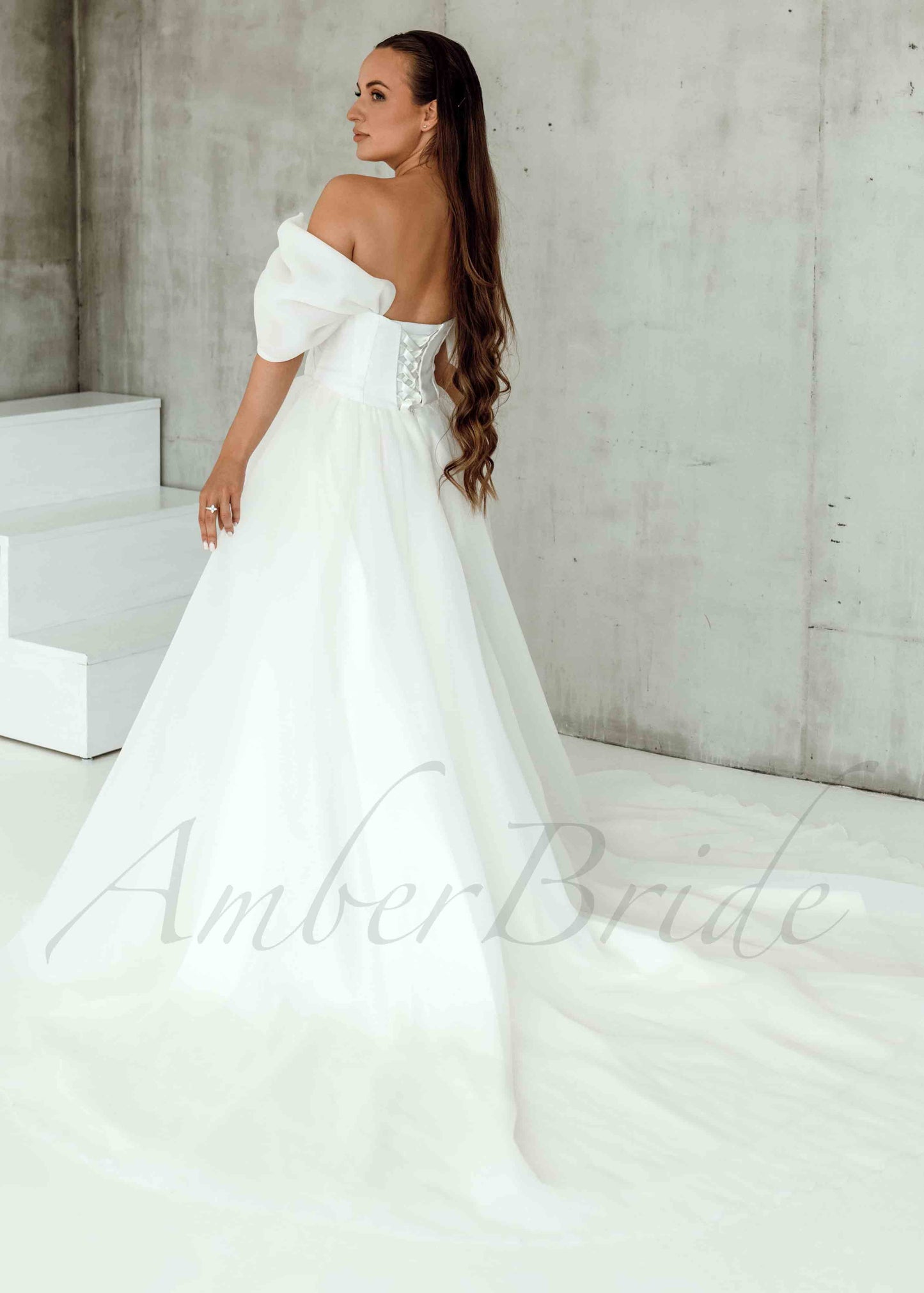 Classic A Line Organza Wedding Dress with Off Shoulder Design and Corset