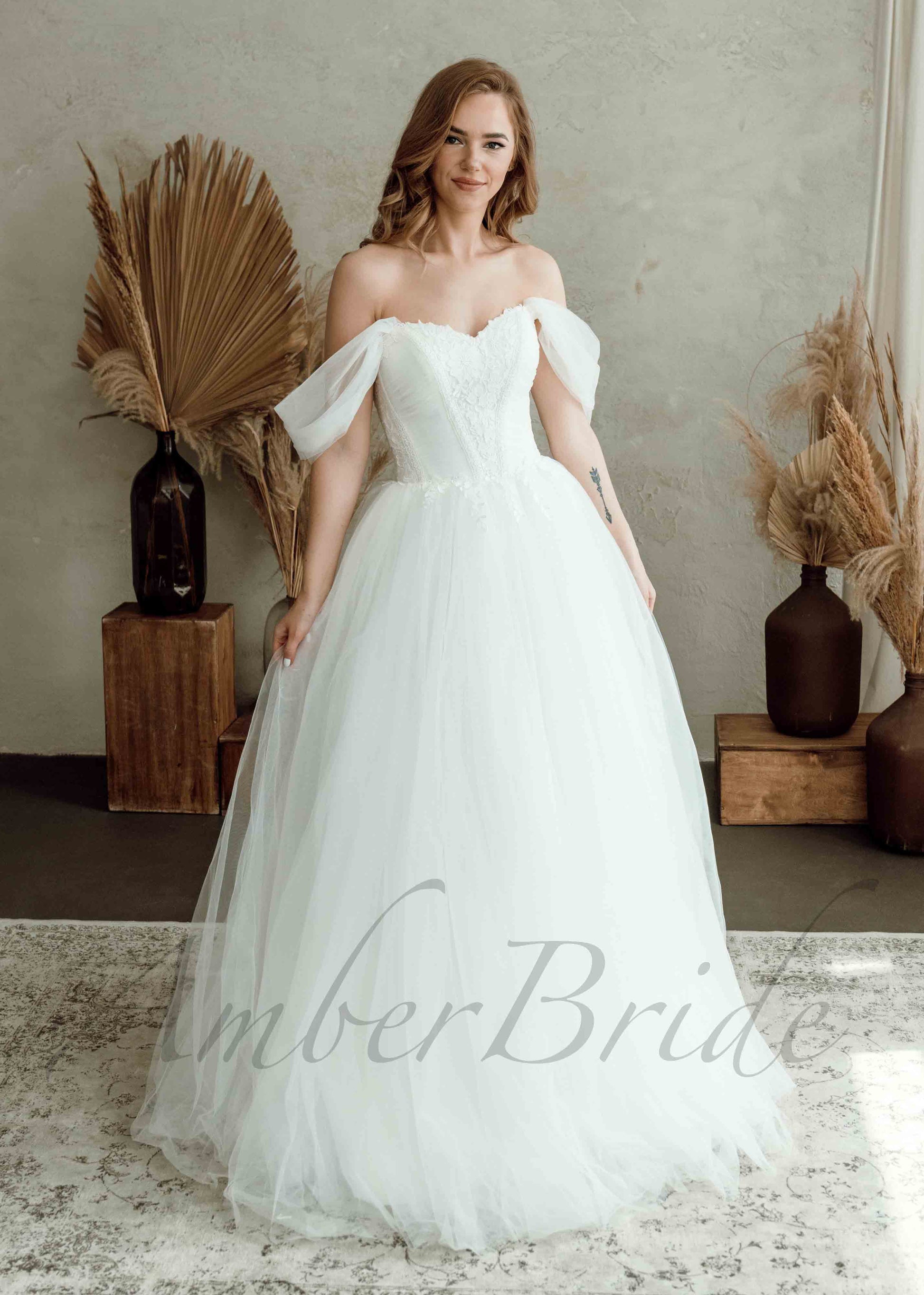 Boho Off-Shoulder Tulle Ball Gown with Detachable Sleeves | AmberBride Boho Off-Shoulder Tulle Ball Gown with Detachable Sleeves | AmberBride