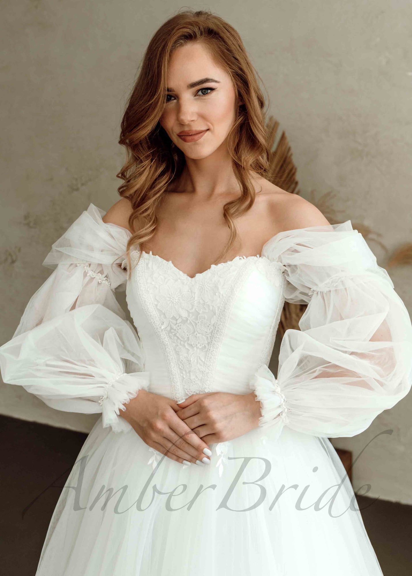 Boho Ball Gown Off Shoulder Tulle Wedding Dress with Detachable Puffy Sleeves