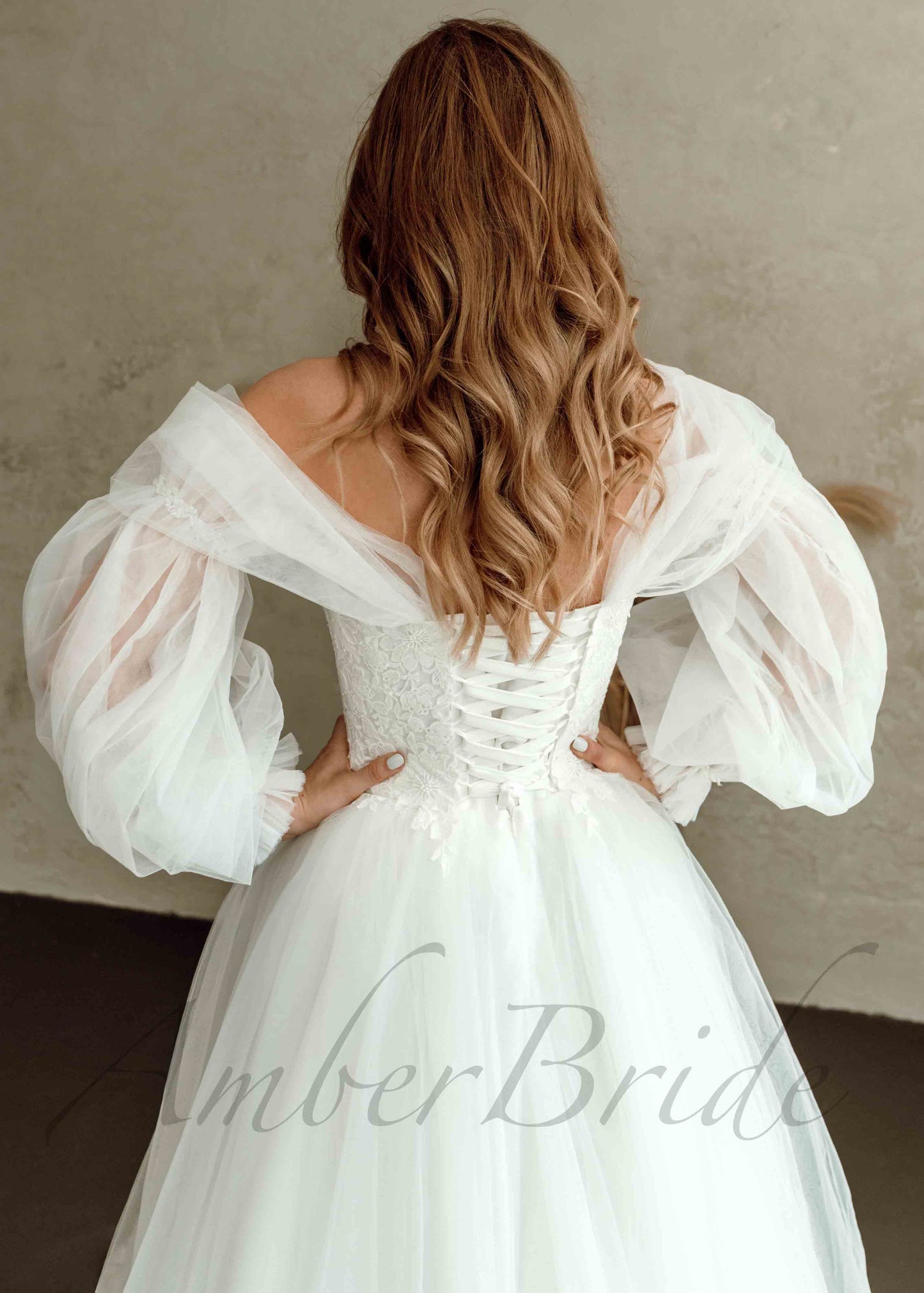 Boho Ball Gown Off Shoulder Tulle Wedding Dress with Detachable Puffy Sleeves