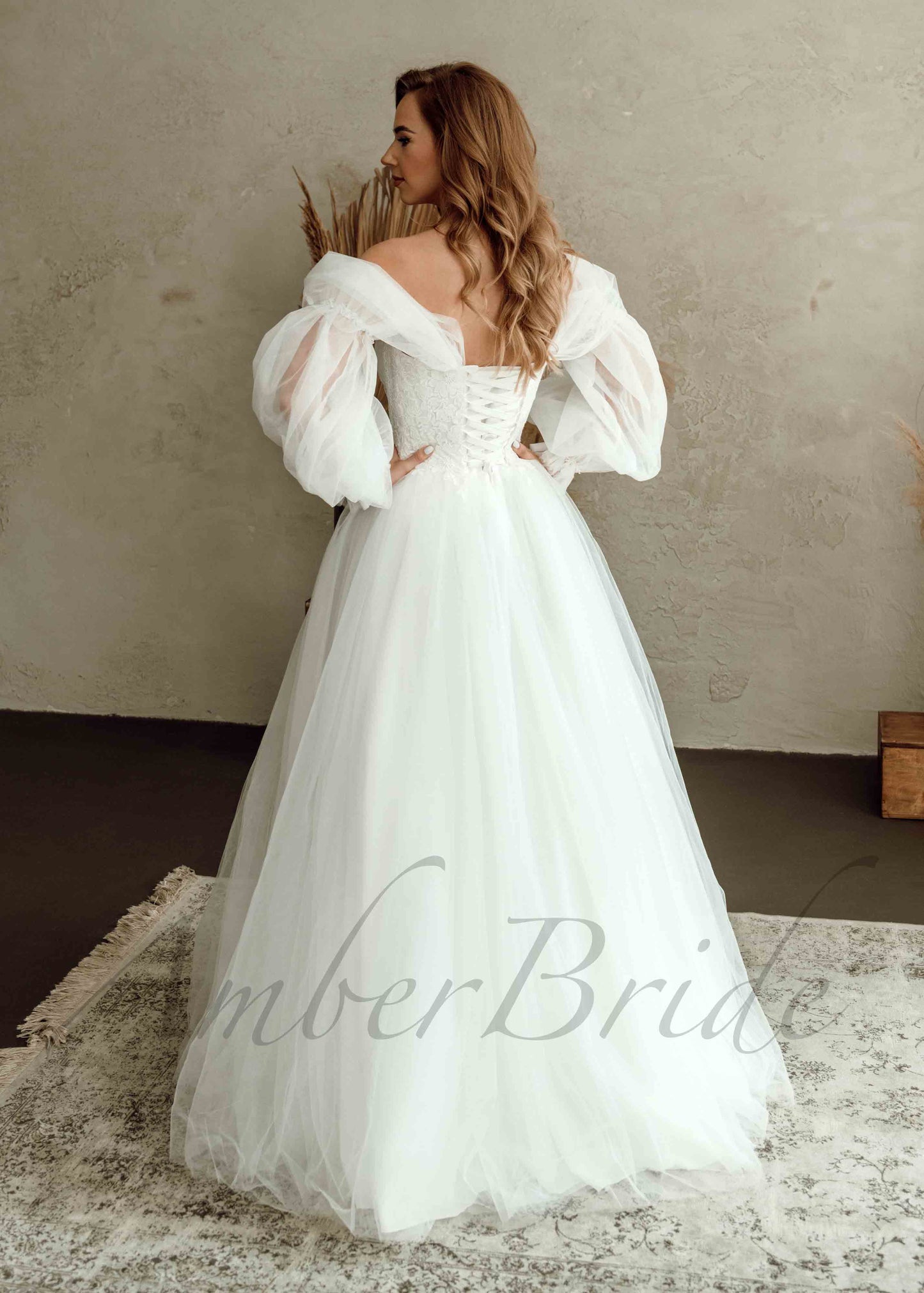 Boho Ball Gown Off Shoulder Tulle Wedding Dress with Detachable Puffy Sleeves