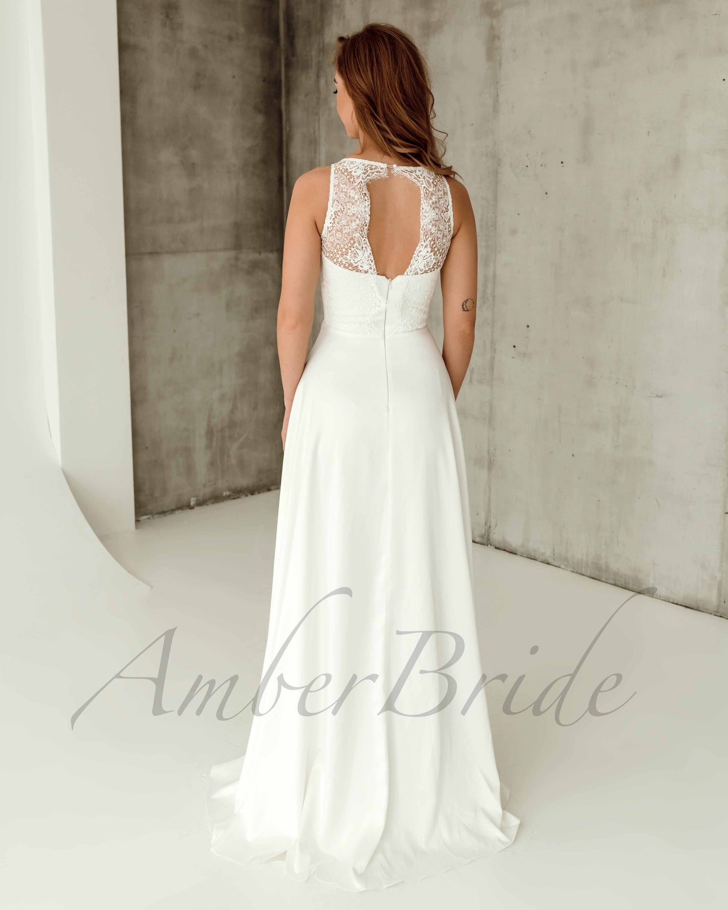 STOCK SELL-OUT: Simple A Line Satin Wedding Dress with Lace Back Design