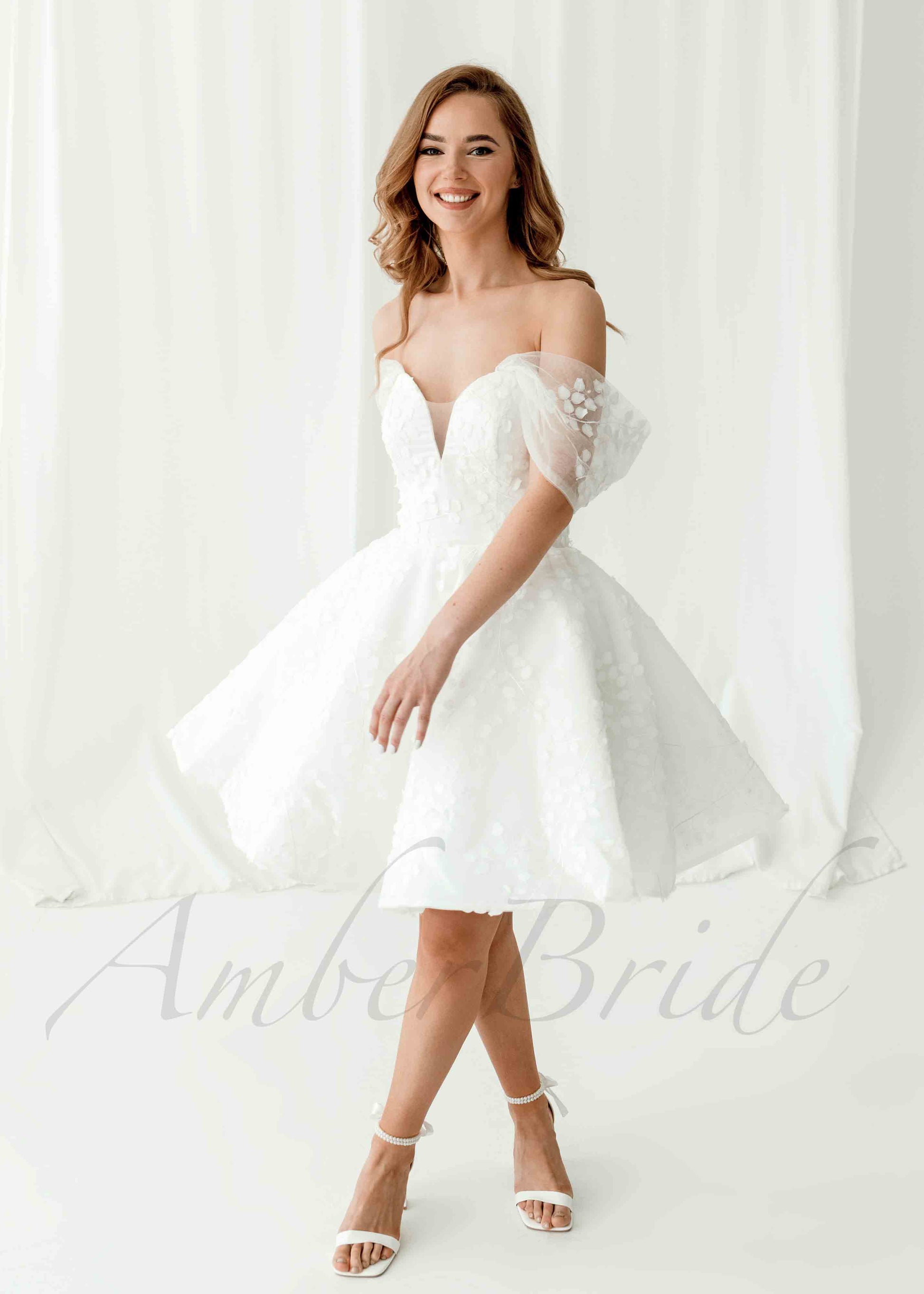 Rustic Knee Length Off-Shoulder Satin Wedding Dress | AmberBride Rustic Knee Length Off-Shoulder Satin Wedding Dress | AmberBride
