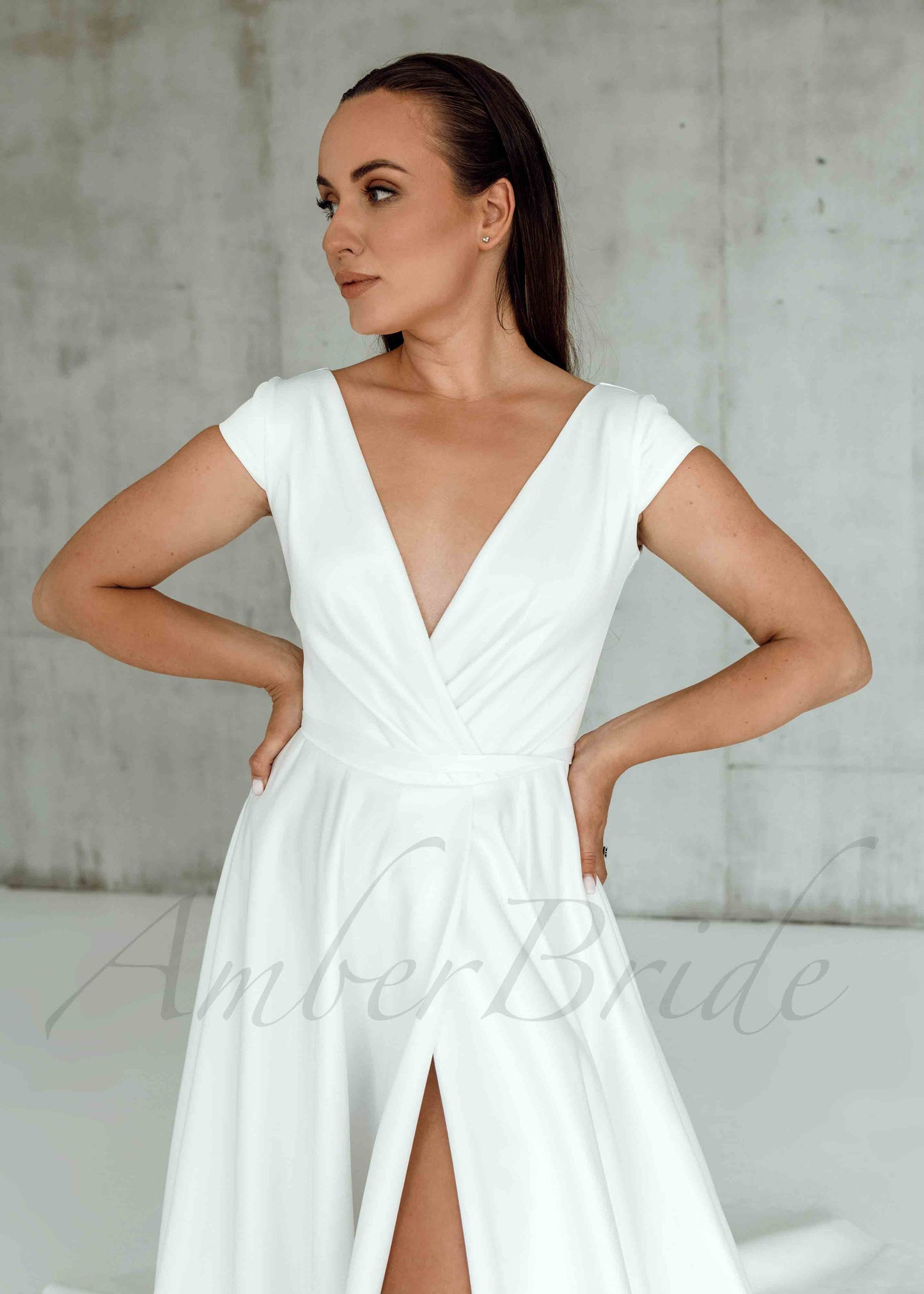 Simple A Line Satin Wedding Dress with Short Sleeve and Slit