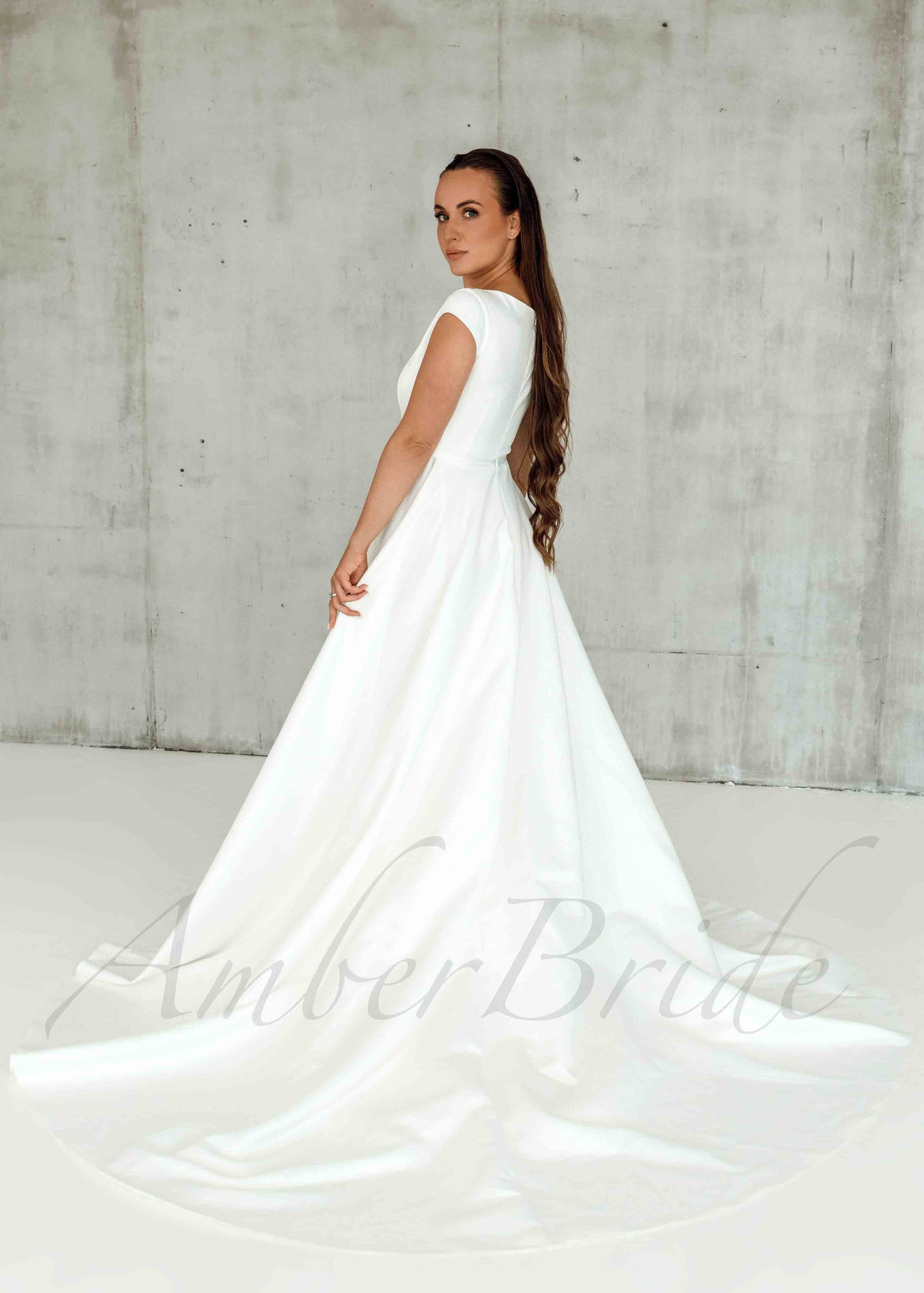 Simple A Line Satin Wedding Dress with Short Sleeve and Slit