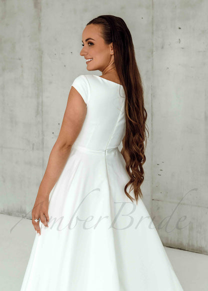 Simple A Line Satin Wedding Dress with Short Sleeve and Slit