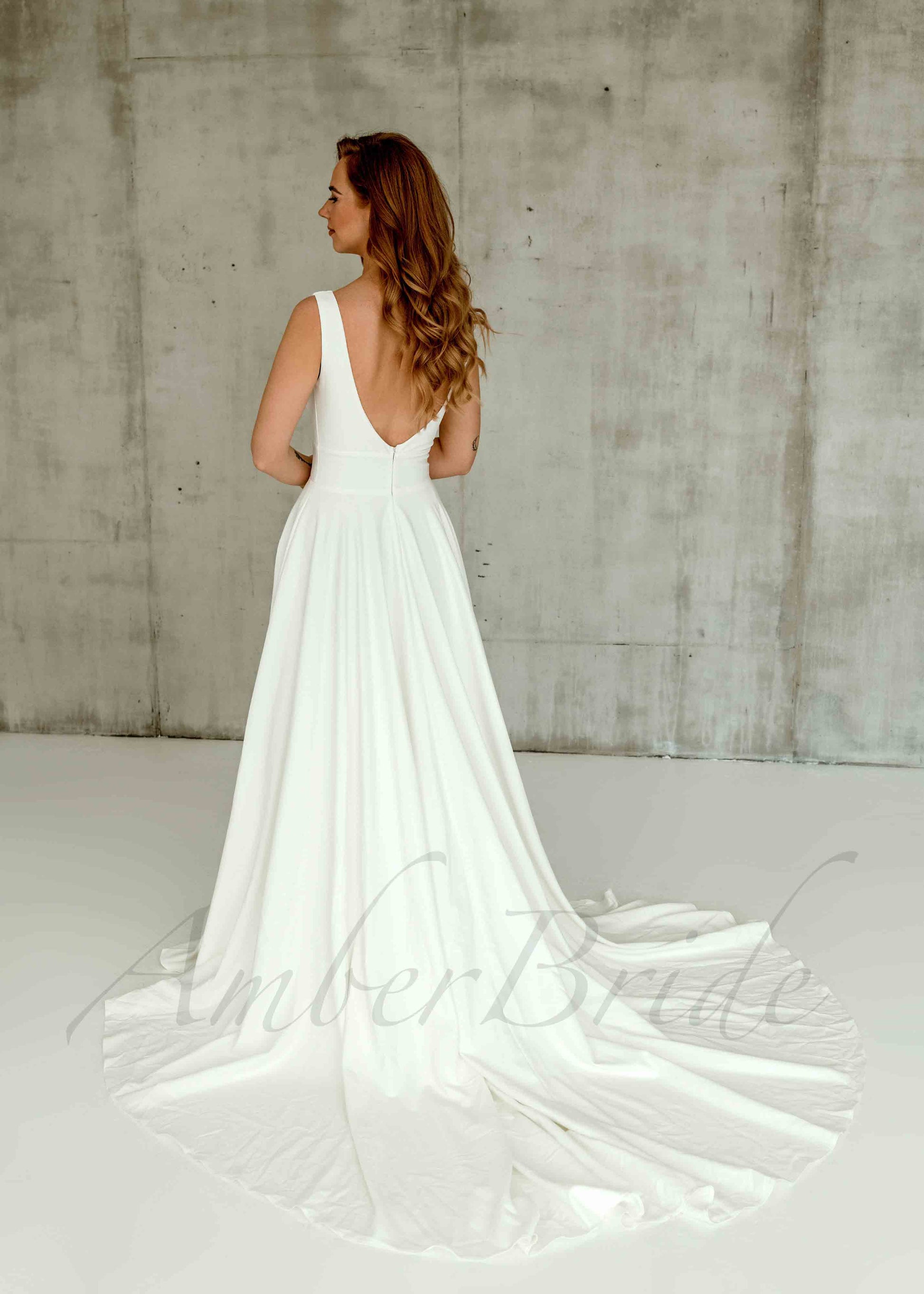 Minimalist Satin A-Line V-Neck Backless Wedding Dress | AmberBride Minimalist Satin A-Line V-Neck Backless Wedding Dress | AmberBride