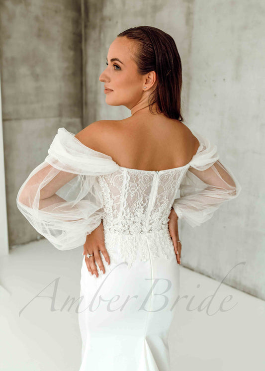 Rustic Mermaid Wedding Dress with Deep V-Neckline and Off-Shoulder Puffy Sleeves