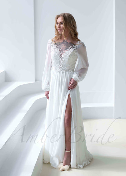 Boho A Line Chiffon Wedding Dress with Long Puffy Sleeve and Floral Appliques