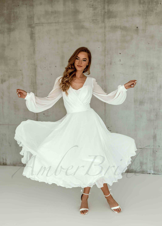 Tea-Length Chiffon Dress with Puffy Long Sleeves for Wedding Reception