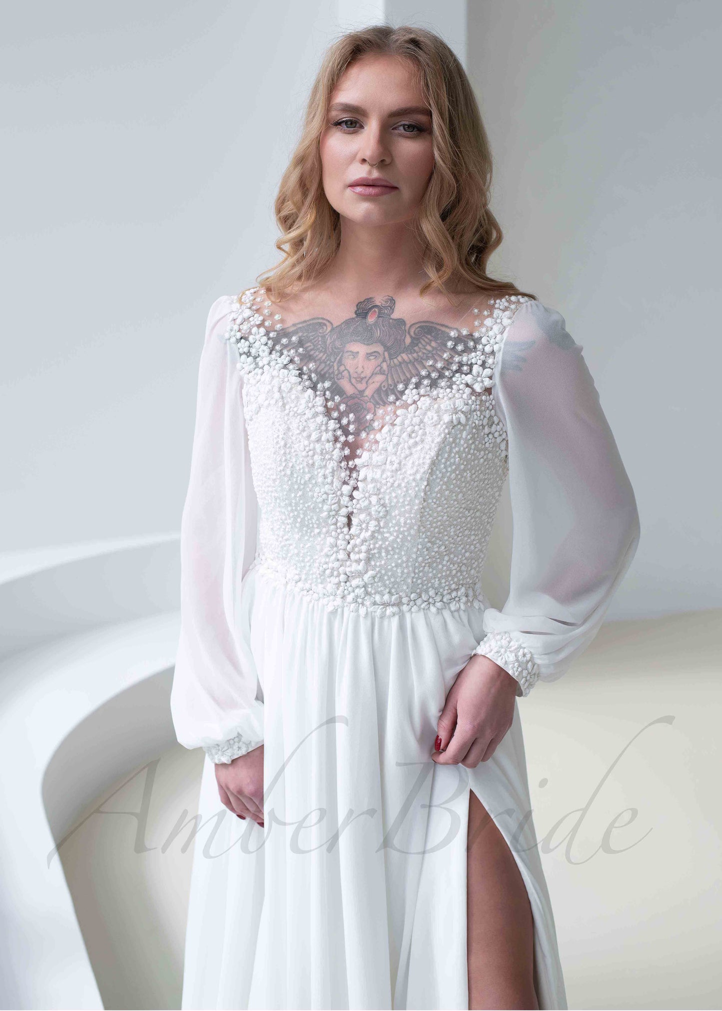 Boho A Line Chiffon Wedding Dress with Long Puffy Sleeve and Floral Appliques