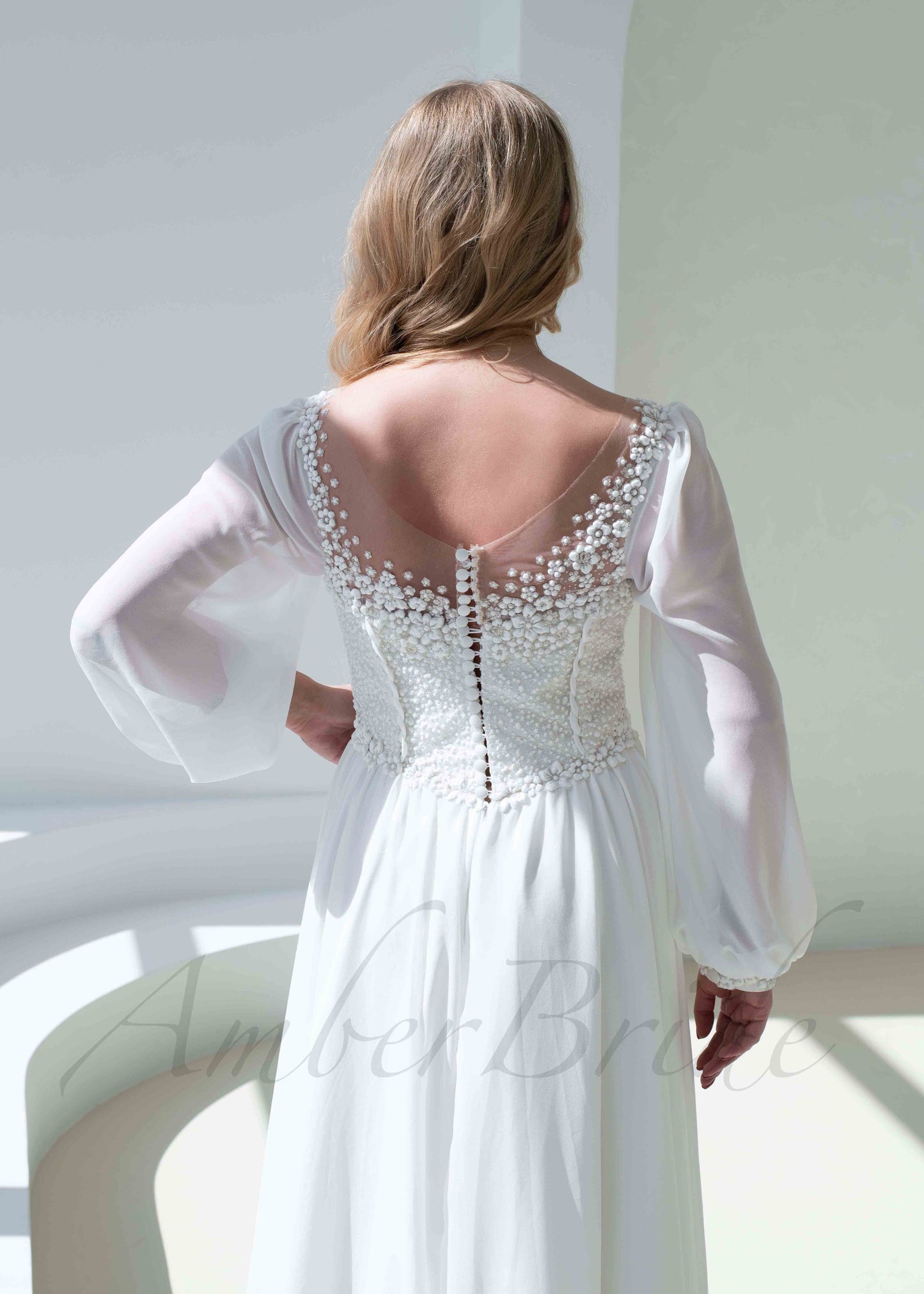 Boho A Line Chiffon Wedding Dress with Long Puffy Sleeve and Floral Appliques