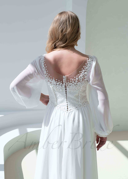 Boho A Line Chiffon Wedding Dress with Long Puffy Sleeve and Floral Appliques