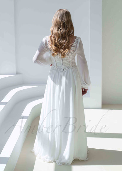 Boho A Line Chiffon Wedding Dress with Long Puffy Sleeve and Floral Appliques