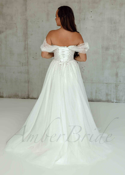 Exclusive A Line Tulle Wedding Dress with Beaded Design and Sweetheart Neckline