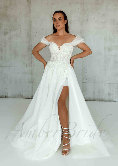 Exclusive A Line Tulle Wedding Dress with Beaded Design and Sweetheart Neckline