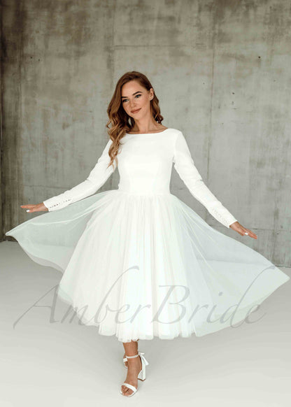 STOCK SELL-OUT: Simple Tea Length Long Sleeve Wedding Dress with Tulle Skirt