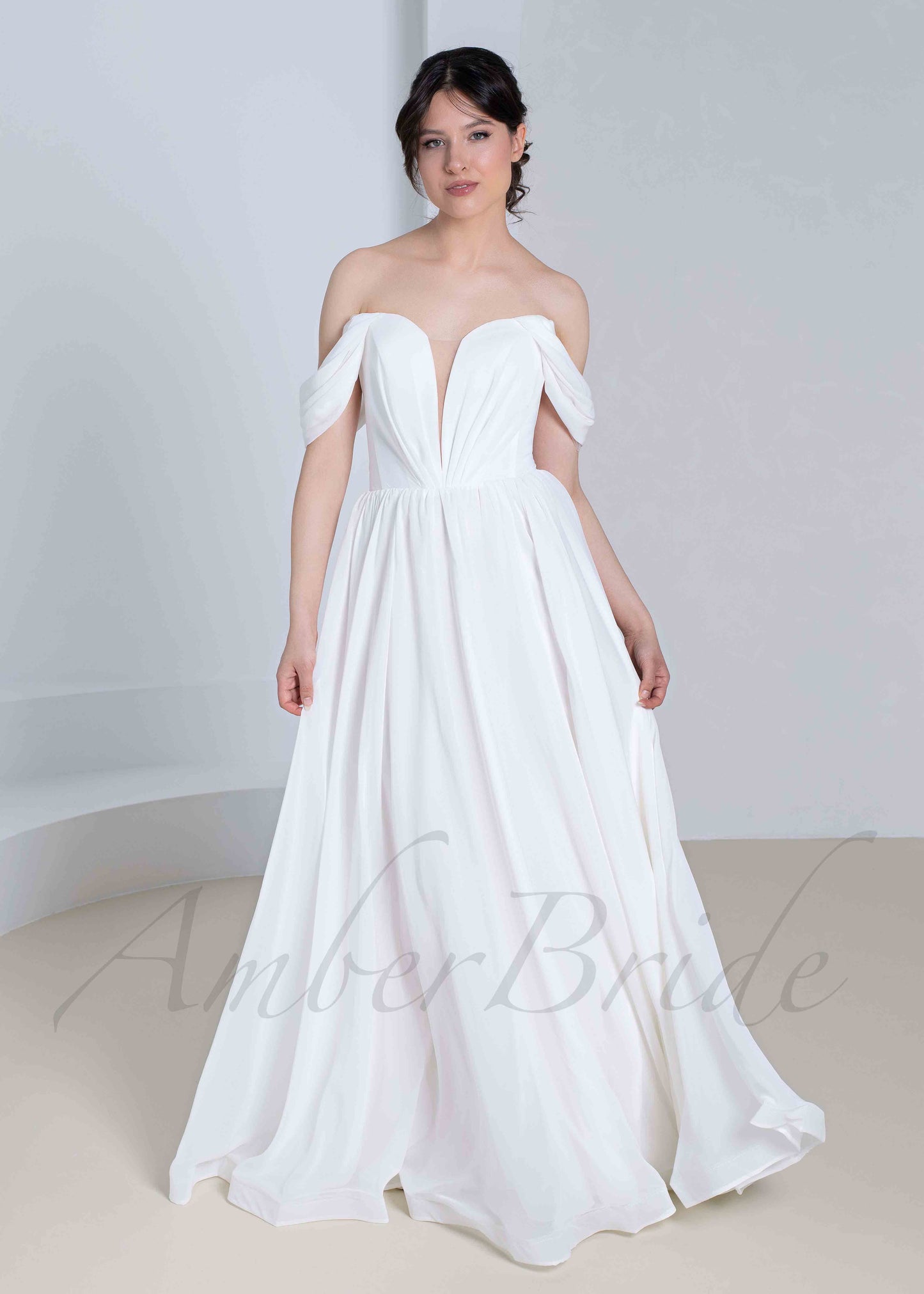 Elegant A Line Chiffon Wedding Dress with Off Shoulder Deep V Neckline