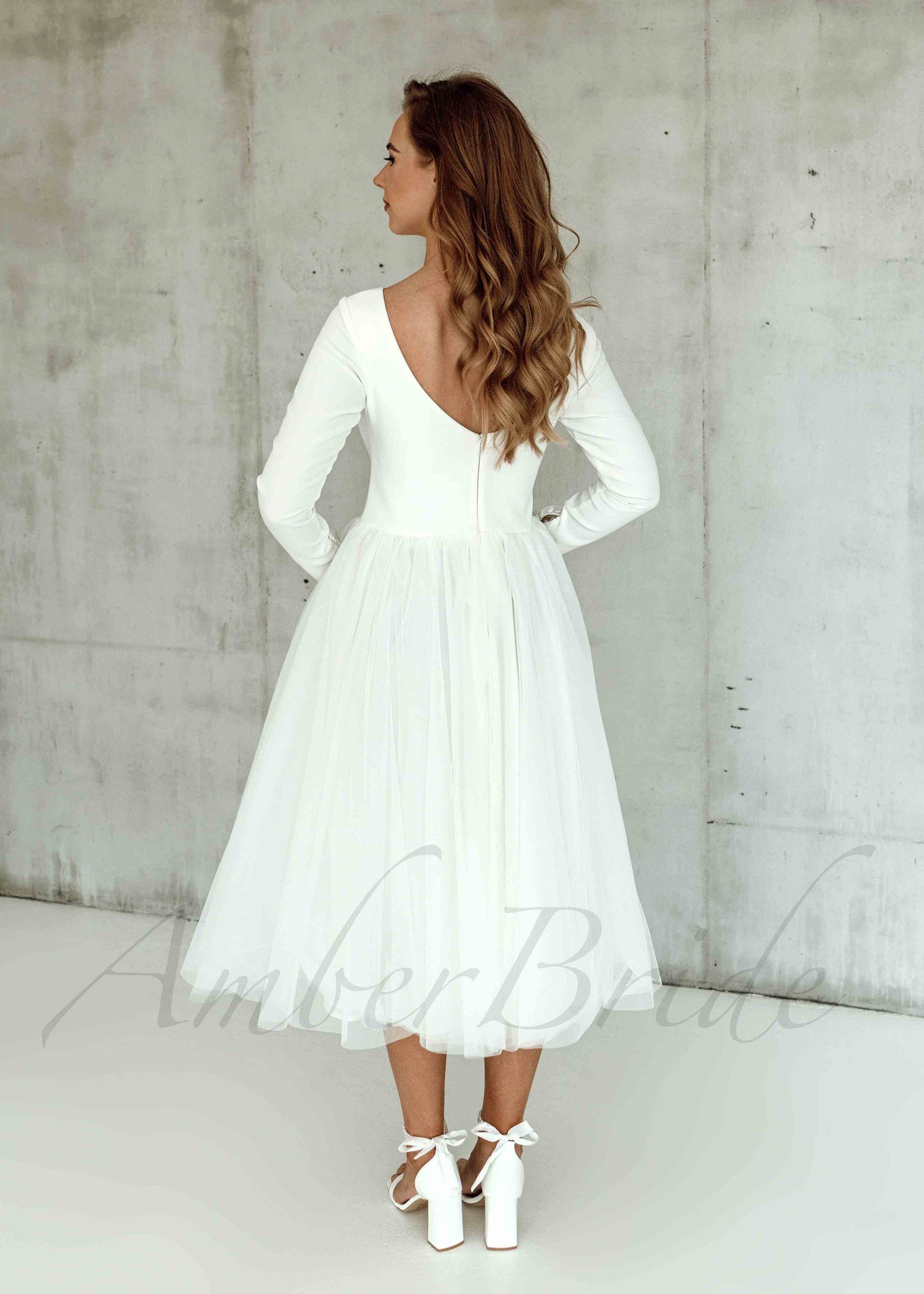 STOCK SELL-OUT: Simple Tea Length Long Sleeve Wedding Dress with Tulle Skirt