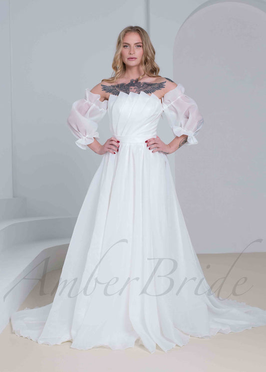 STOCK SELL-OUT: A Line Organza Wedding Dress with Folded Bodice and Detachable Puffy Sleeves