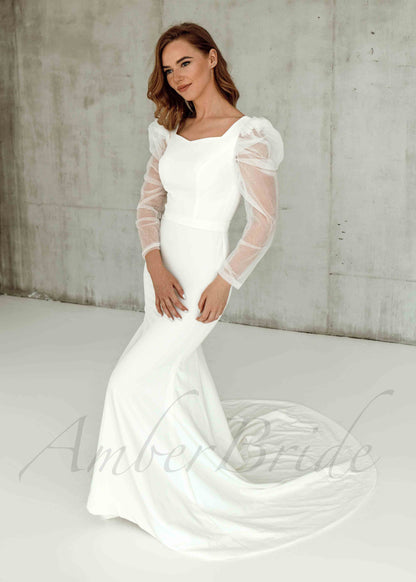 Simple Mermaid Satin Wedding Dress with Puffy Shoulders Long Sleeve