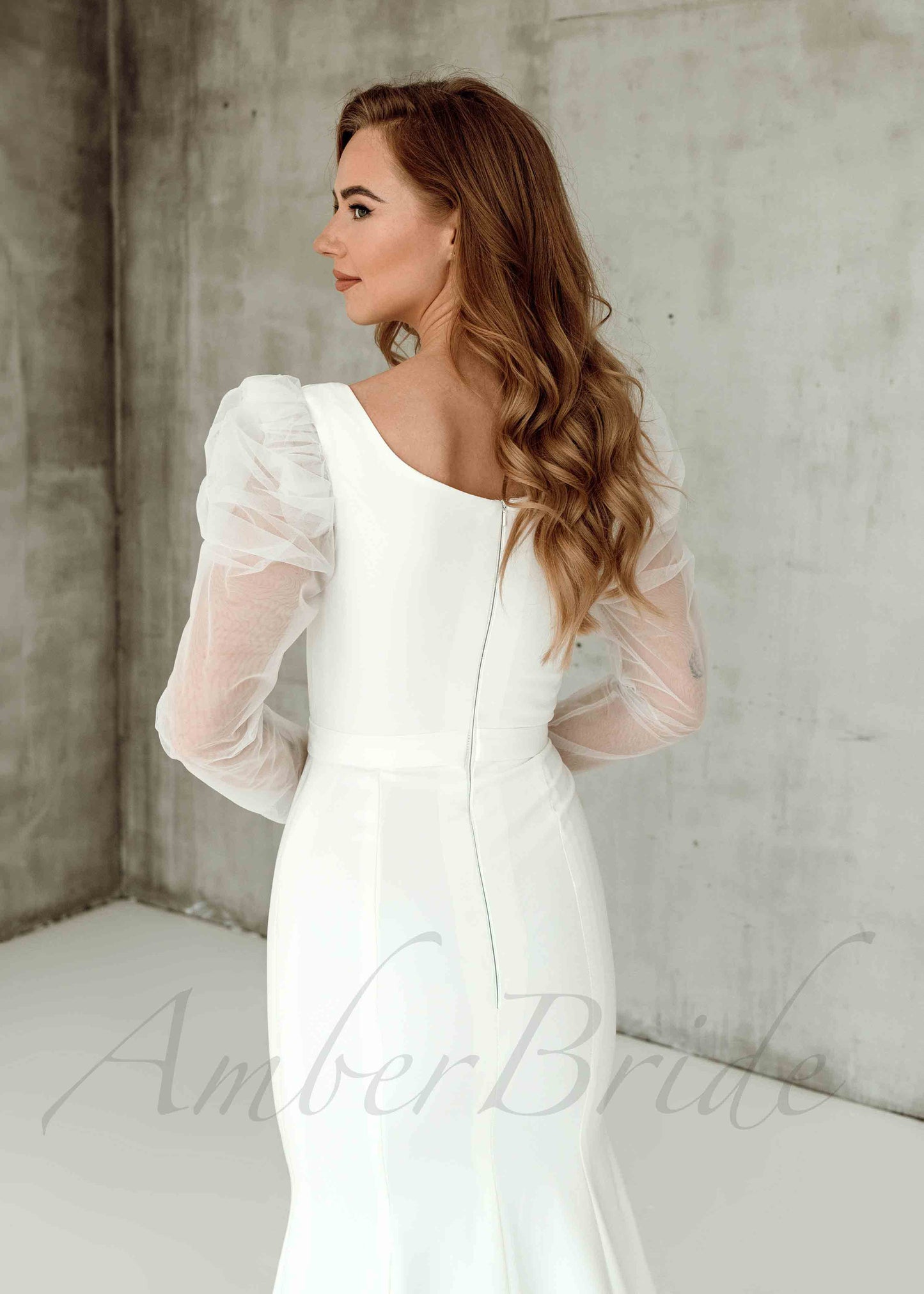 Simple Mermaid Satin Wedding Dress with Puffy Shoulders Long Sleeve