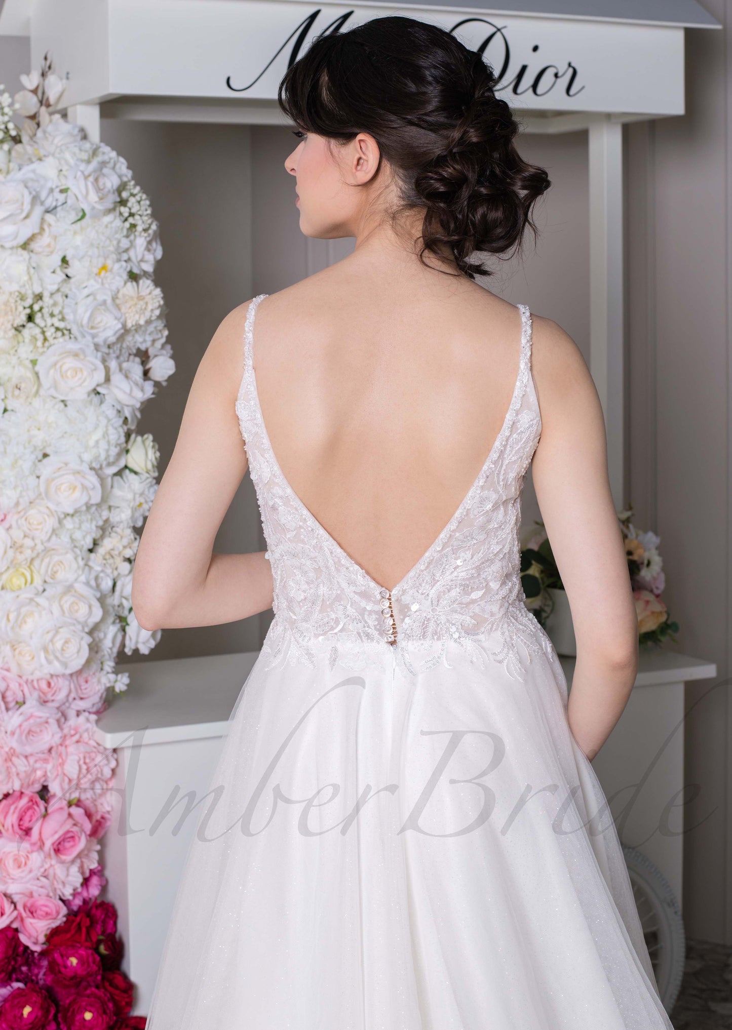 Rustic A Line Glitter Tulle Wedding Dress with Deep V Neck and Backless Design