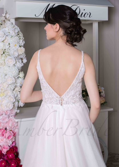 Rustic A Line Glitter Tulle Wedding Dress with Deep V Neck and Backless Design