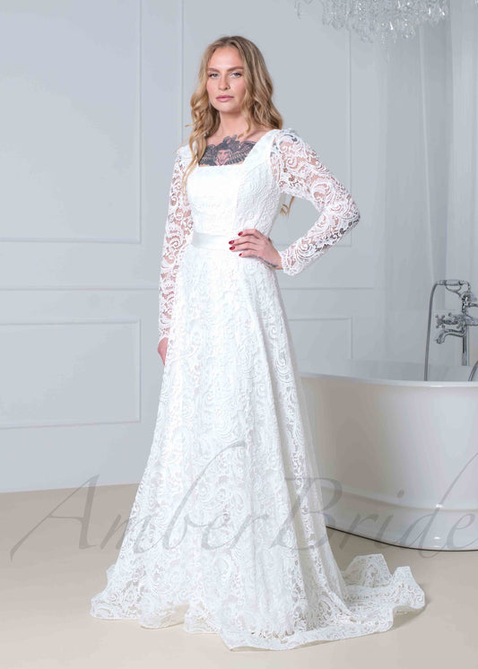 Boho A Line All Lace Wedding Dress with Long Sleeve and Square Neck