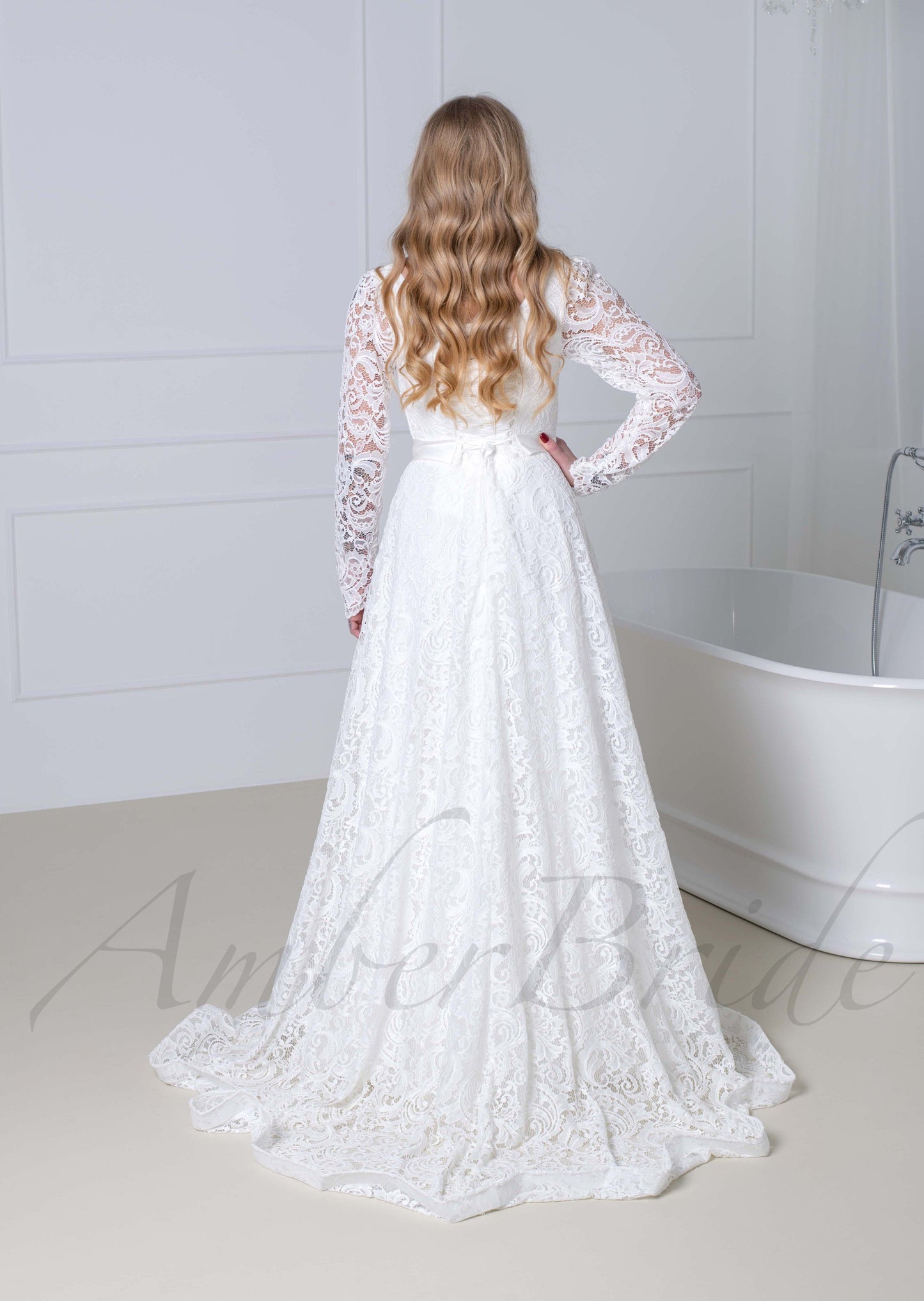 Boho A Line All Lace Wedding Dress with Long Sleeve and Square Neck