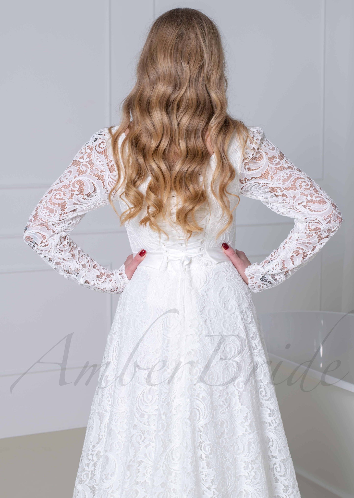 Boho A Line All Lace Wedding Dress with Long Sleeve and Square Neck
