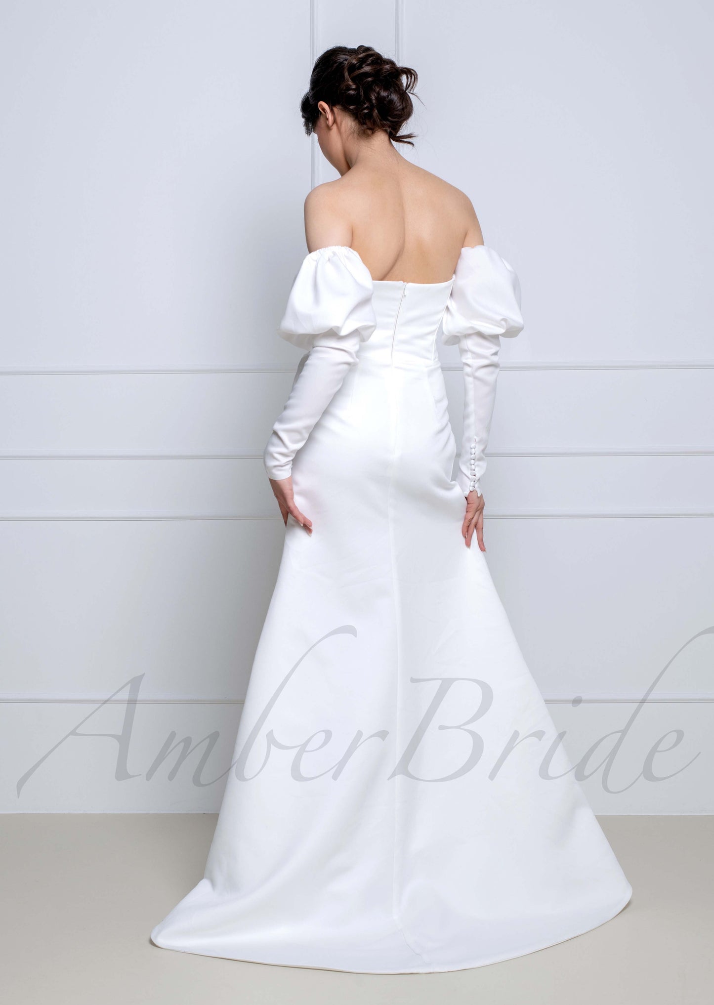 Exquisite Satin Wedding Dress with Overskirt and Detachable Bishop Sleeves
