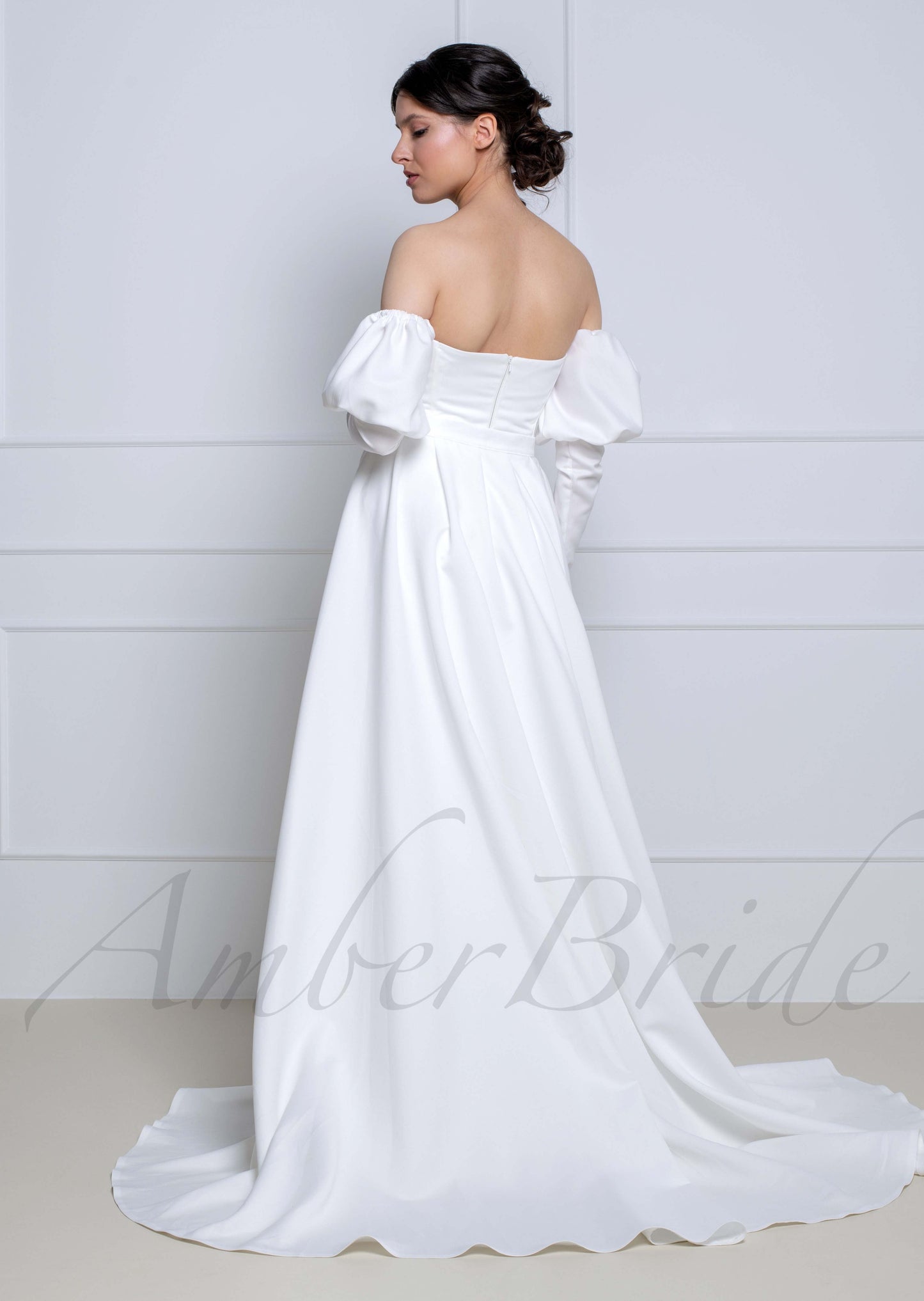 Exquisite Satin Wedding Dress with Overskirt and Detachable Bishop Sleeves