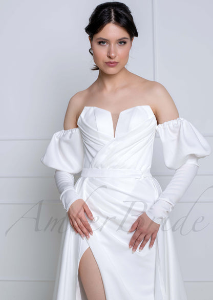 Exquisite Satin Wedding Dress with Overskirt and Bishop Sleeves