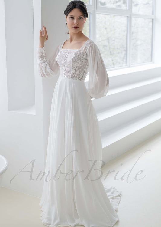 Boho A Line Lace Wedding Dress with Chiffon Skirt and Square Neck