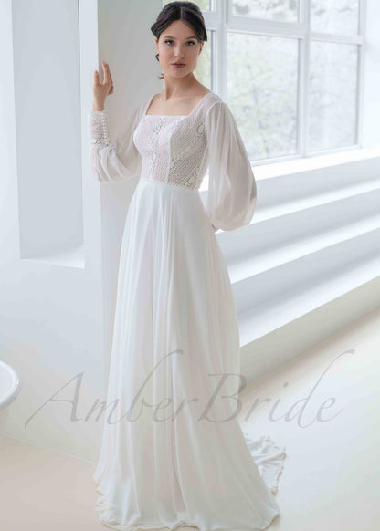 Boho A Line Lace Wedding Dress with Chiffon Skirt and Square Neck