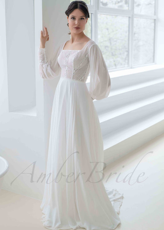 Boho A Line Lace Wedding Dress with Chiffon Skirt and Square Neck