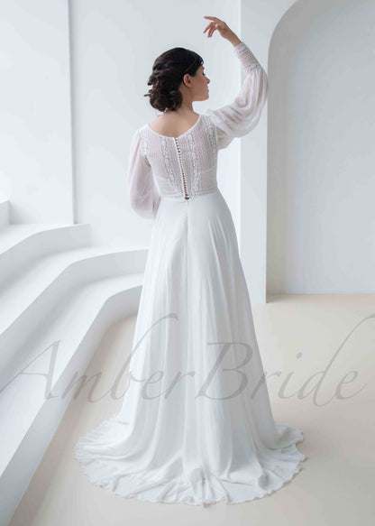 Boho A Line Lace Wedding Dress with Chiffon Skirt and Square Neck