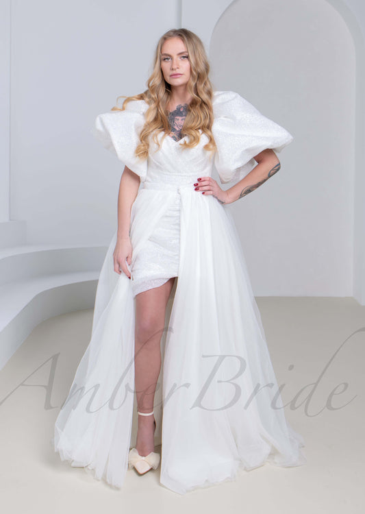 Exquisite Glitter Organza Short Dress with Overskirt and Detachable Puffy Half Sleeves