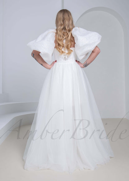 Exquisite Glitter Organza Short Dress with Overskirt and Detachable Puffy Half Sleeves
