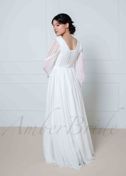 Boho A Line Chiffon Wedding Dress with V Neck and Puffy Sleeve