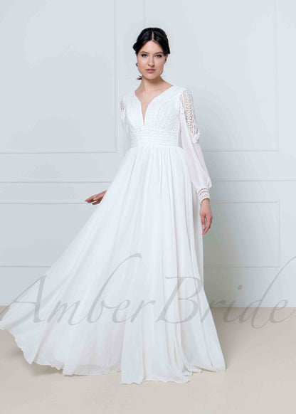 Boho A Line Chiffon Wedding Dress with V Neck and Puffy Sleeve