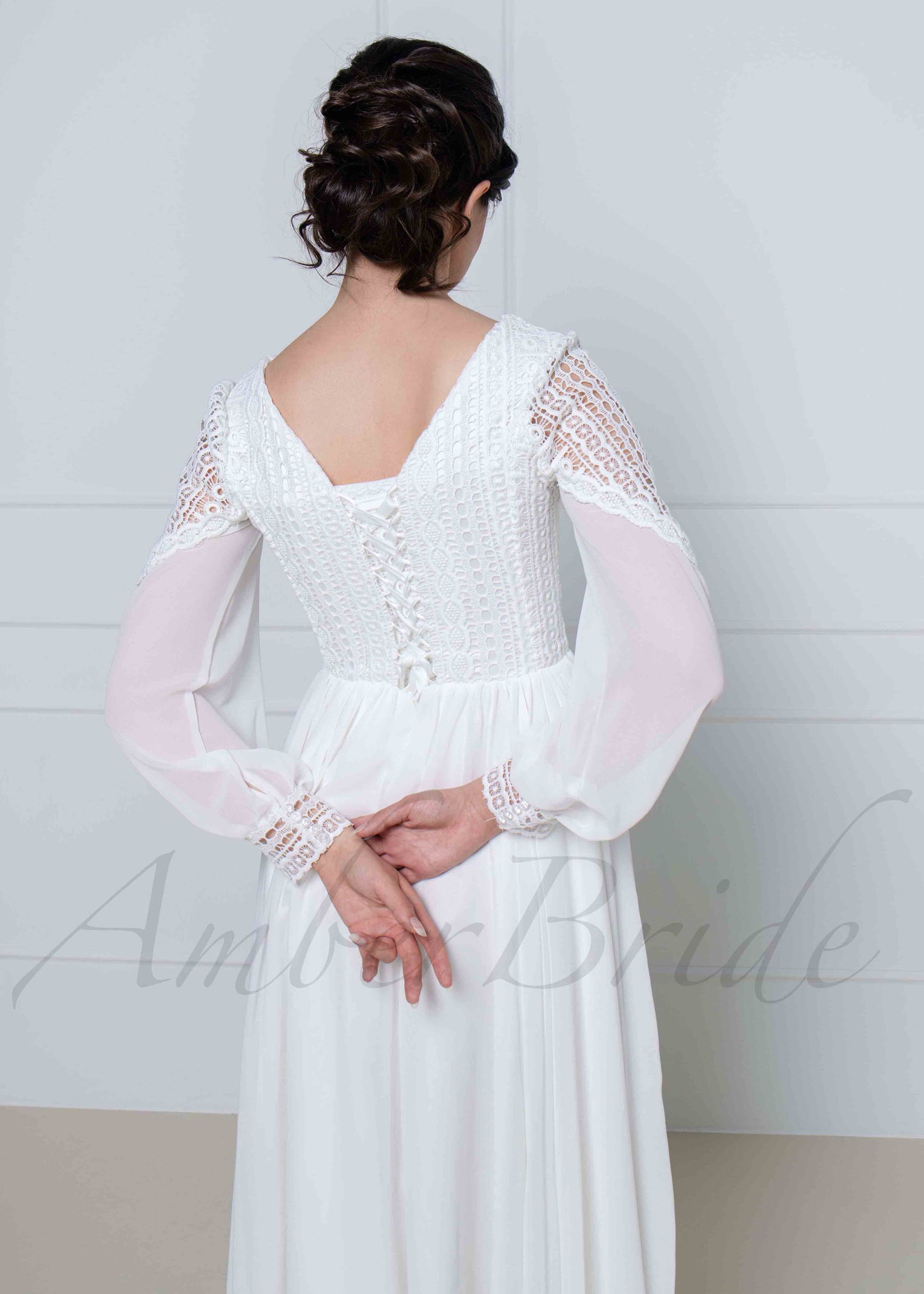 Boho A Line Chiffon Wedding Dress with V Neck and Puffy Sleeve