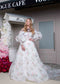 Romantic A Line Organza Wedding Dress with Floral Print and Detachable Bishop Sleeves