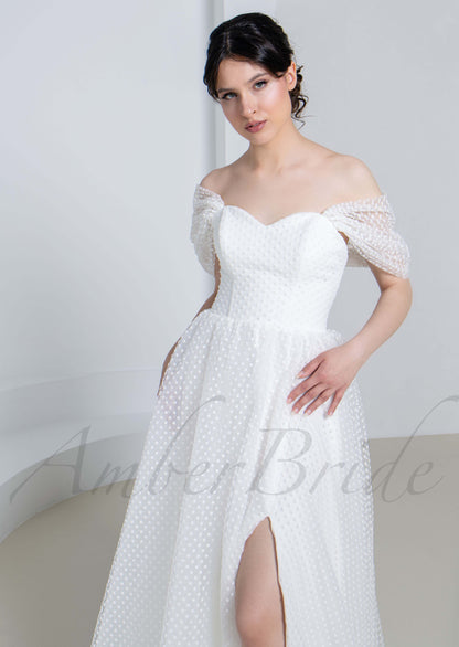 Elegant A Line Tulle Wedding Dress with Polka Dot and Off Shoulder Design