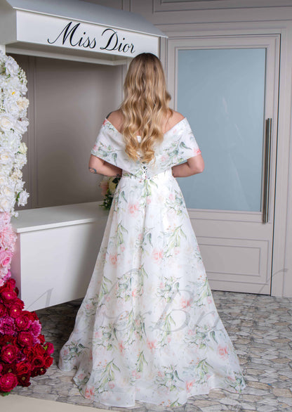 Floral A Line Off Shoulder Organza Wedding Dress with Corset