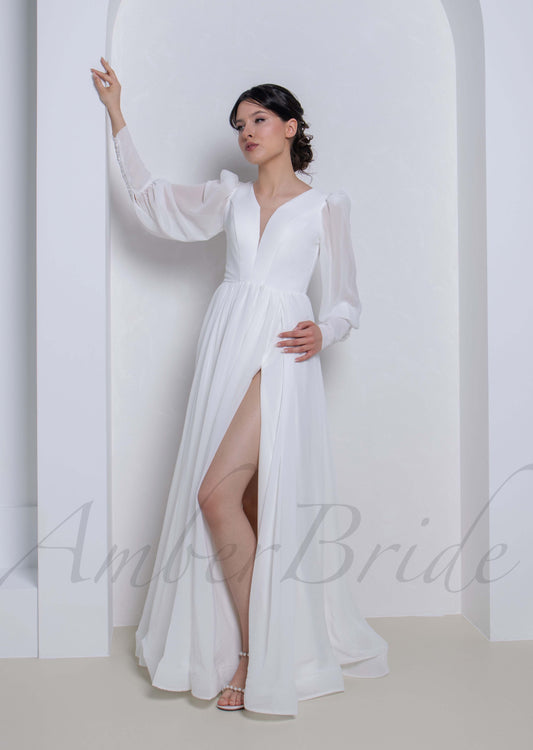 Minimalistic A Line Chiffon Wedding Dress with Long Puffy Sleeve and Deep V-Neck